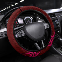 Polynesia Breast Cancer Steering Wheel Cover Butterfly and Flowers Ribbon Maori Tattoo Ethnic Red Style LT03 Universal Fit Red - Polynesian Pride