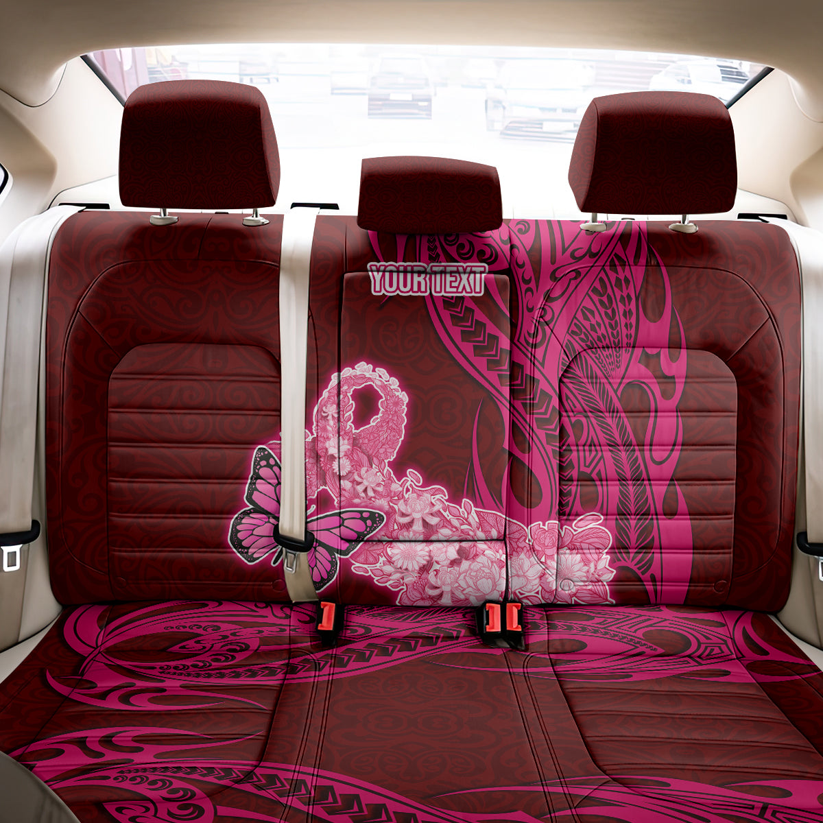 Custom Polynesia Breast Cancer Back Car Seat Cover Butterfly and Flowers Ribbon Maori Tattoo Ethnic Red Style LT03 - Polynesian Pride