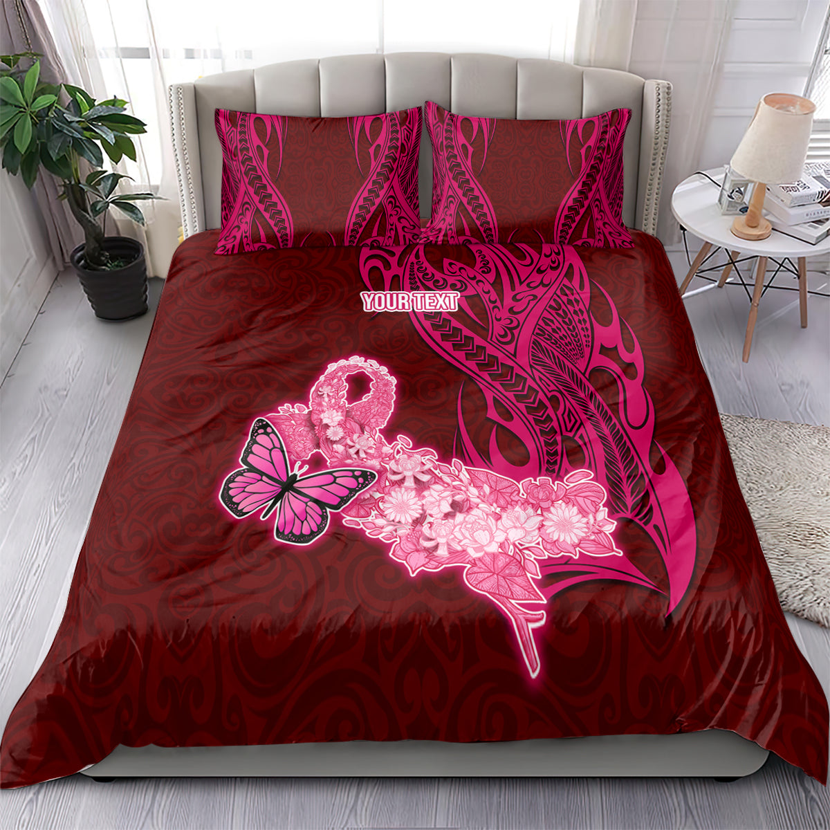 Custom Polynesia Breast Cancer Bedding Set Butterfly and Flowers Ribbon Maori Tattoo Ethnic Red Style LT03 - Polynesian Pride