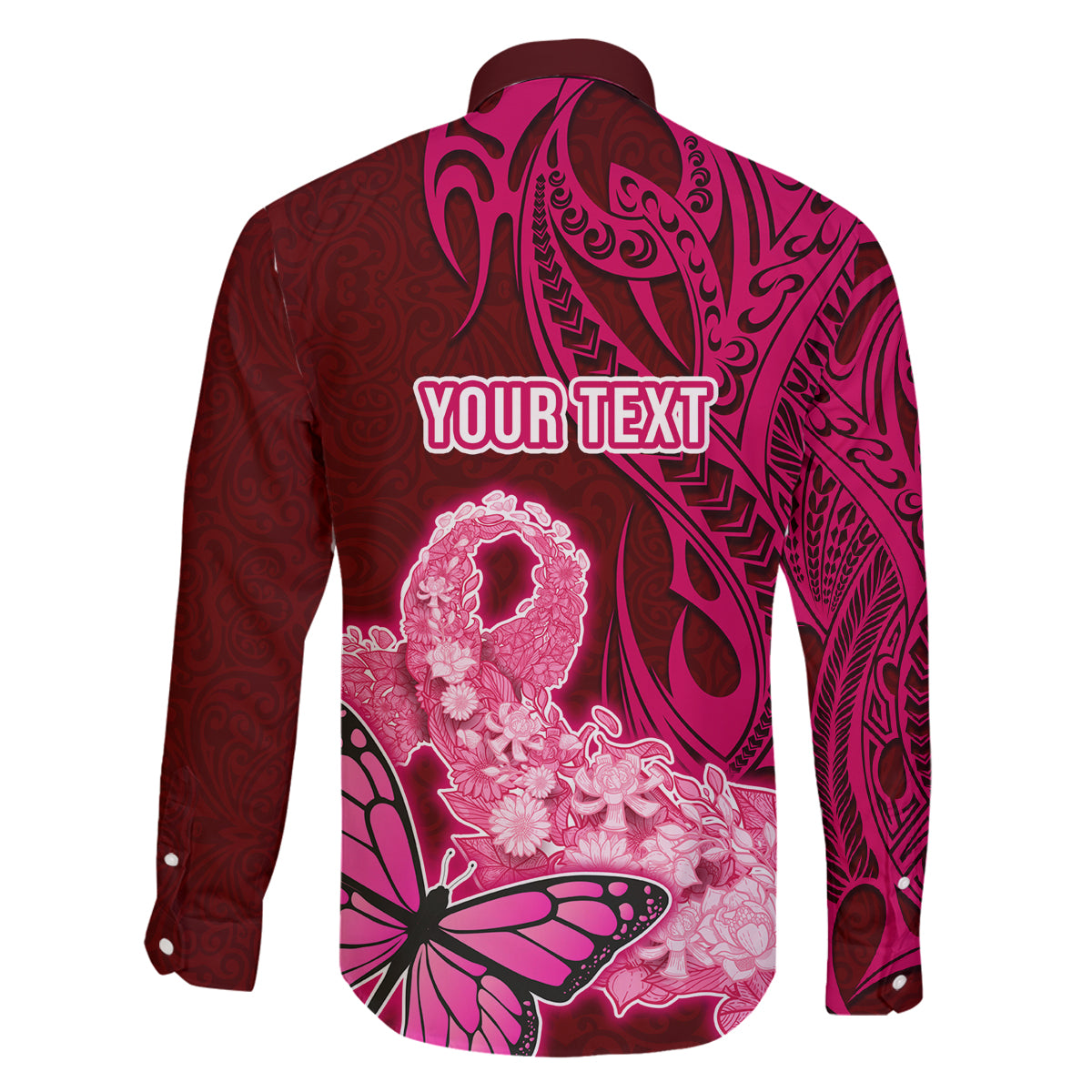 Custom Polynesia Breast Cancer Family Matching Off Shoulder Maxi Dress and Hawaiian Shirt Butterfly and Flowers Ribbon Maori Tattoo Ethnic Red Style LT03 - Polynesian Pride