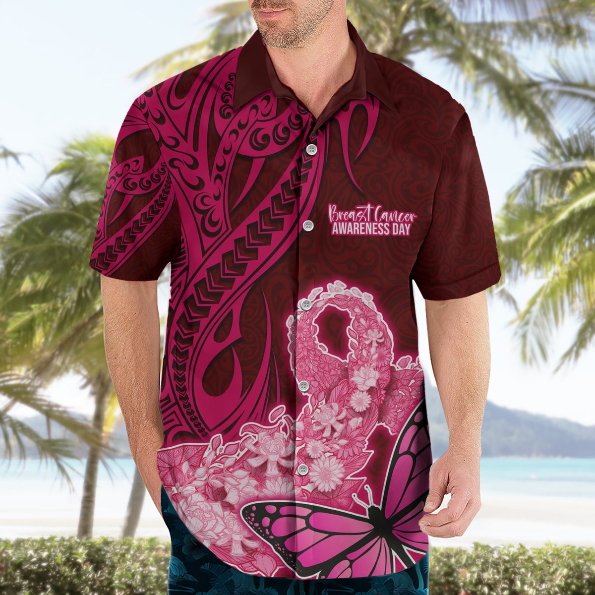 Custom Polynesia Breast Cancer Hawaiian Shirt Butterfly and Flowers Ribbon Maori Tattoo Ethnic Red Style LT03 - Polynesian Pride