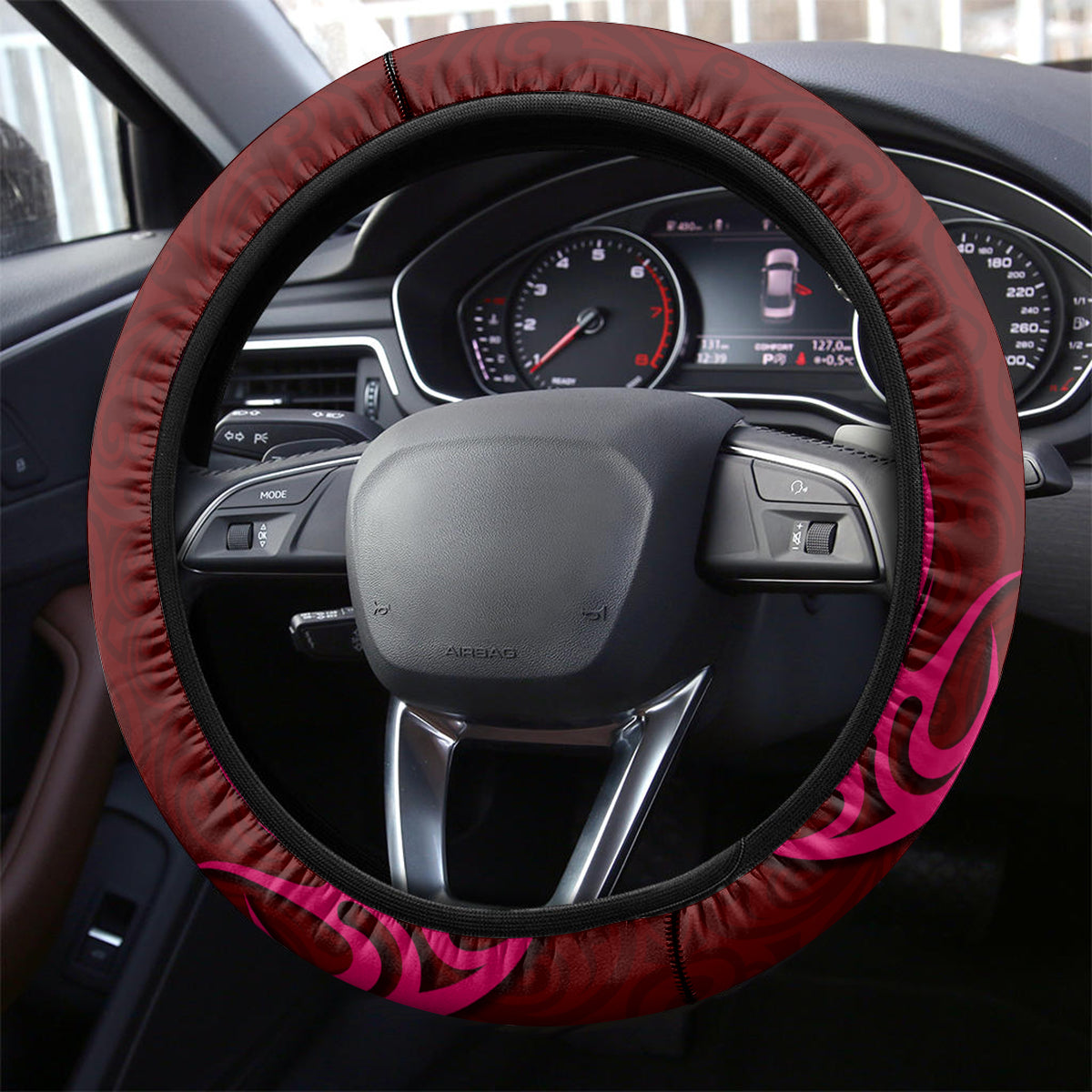 Polynesia Breast Cancer Steering Wheel Cover Butterfly and Flowers Ribbon Maori Tattoo Ethnic Red Style LT03 - Polynesian Pride