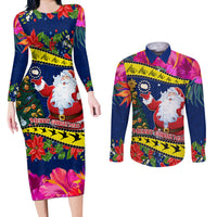 Cook Island Christmas Couples Matching Long Sleeve Bodycon Dress and Long Sleeve Button Shirt Santa Claus Mix Maroro and Kakaia Hibiscus Flower Maori Pattern LT03 Blue - Polynesian Pride