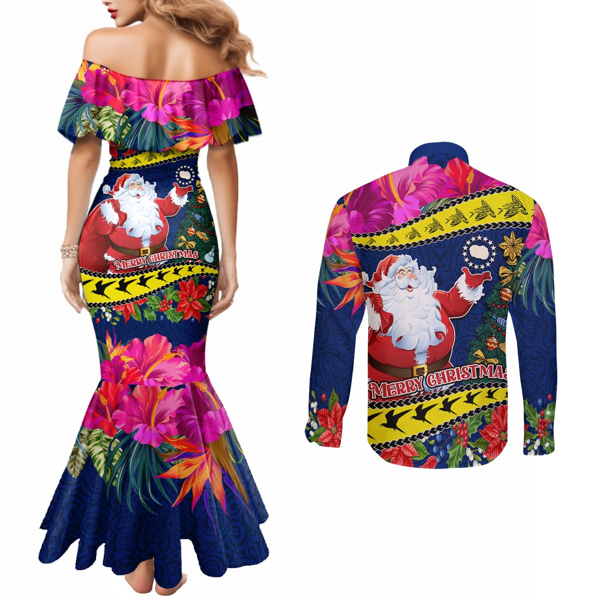 Cook Island Christmas Couples Matching Mermaid Dress and Long Sleeve Button Shirt Santa Claus Mix Maroro and Kakaia Hibiscus Flower Maori Pattern LT03 - Polynesian Pride