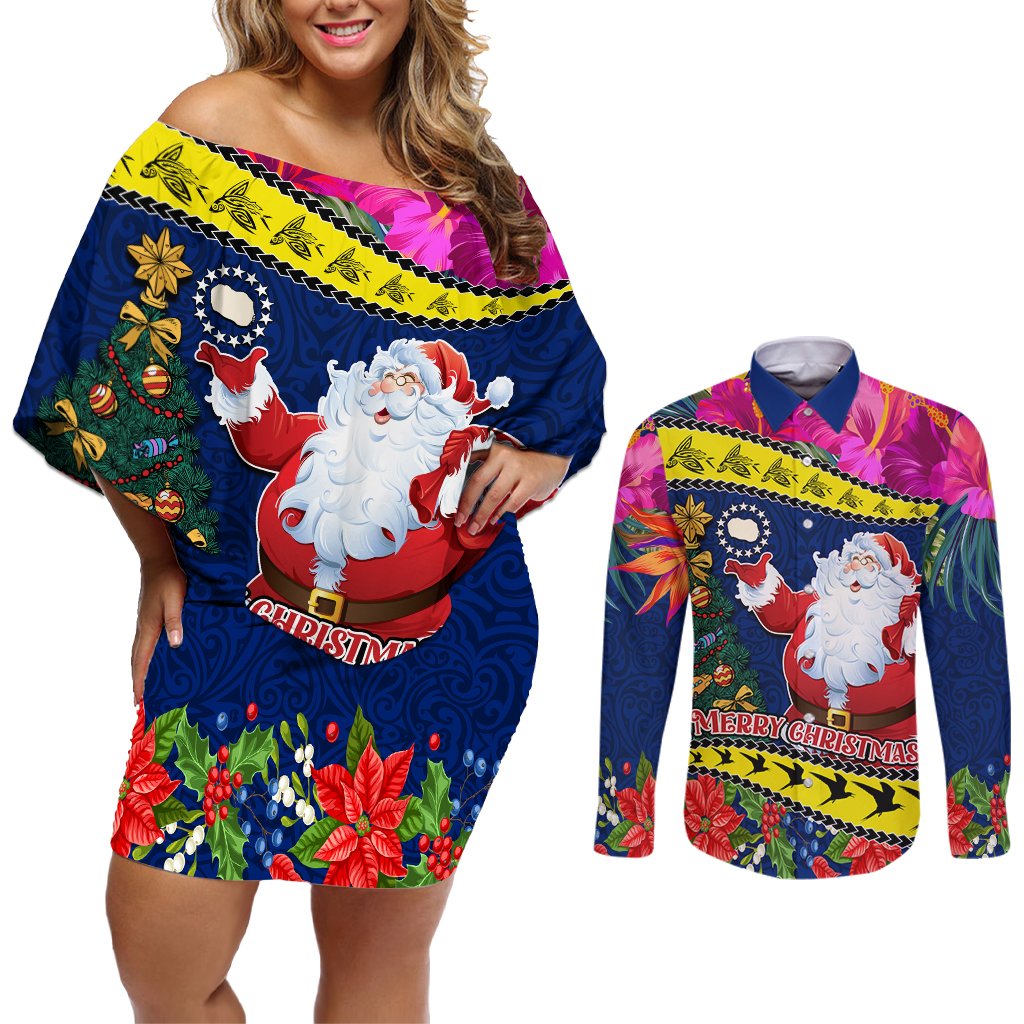 Cook Island Christmas Couples Matching Off Shoulder Short Dress and Long Sleeve Button Shirt Santa Claus Mix Maroro and Kakaia Hibiscus Flower Maori Pattern LT03 Blue - Polynesian Pride