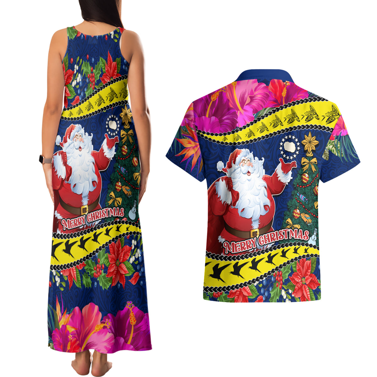 Cook Island Christmas Couples Matching Tank Maxi Dress and Hawaiian Shirt Santa Claus Mix Maroro and Kakaia Hibiscus Flower Maori Pattern LT03 - Polynesian Pride