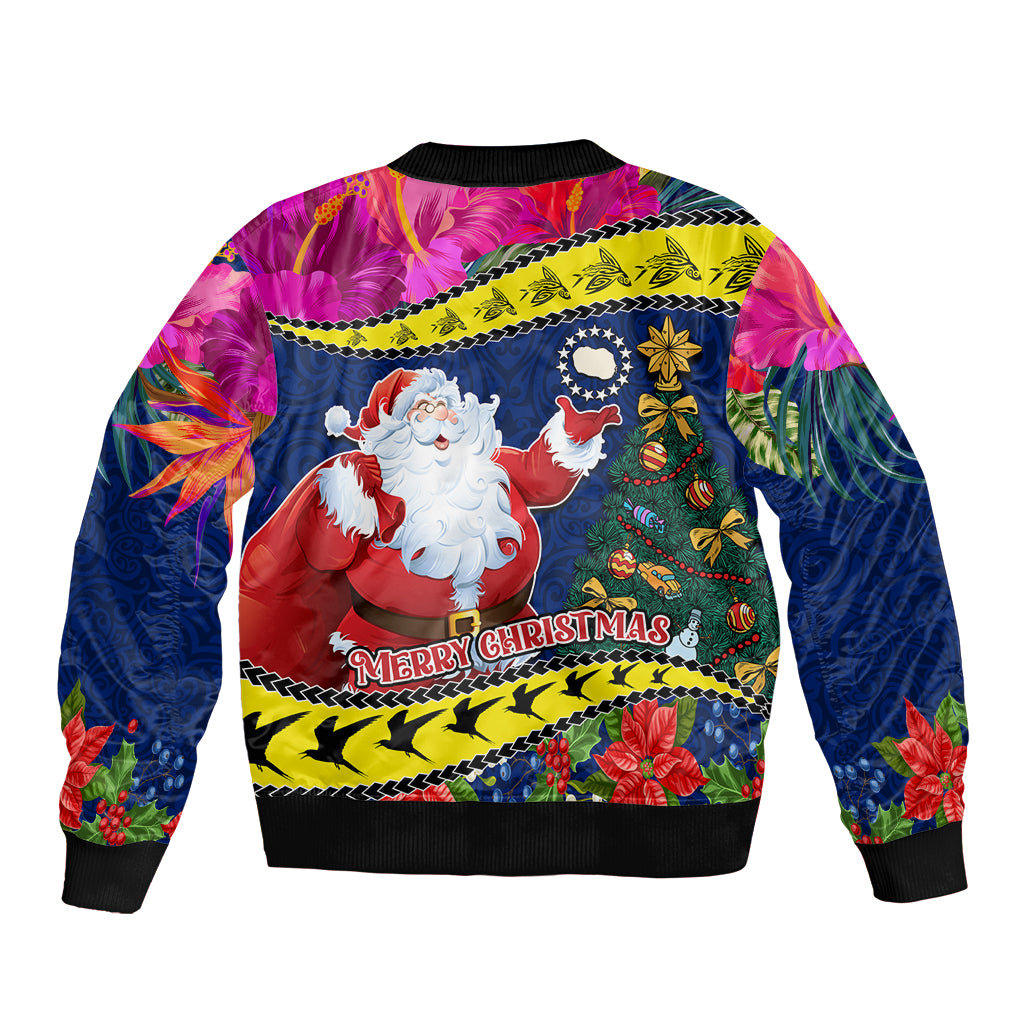 Cook Island Christmas Sleeve Zip Bomber Jacket Santa Claus Mix Maroro and Kakaia Hibiscus Flower Maori Pattern LT03 - Polynesian Pride