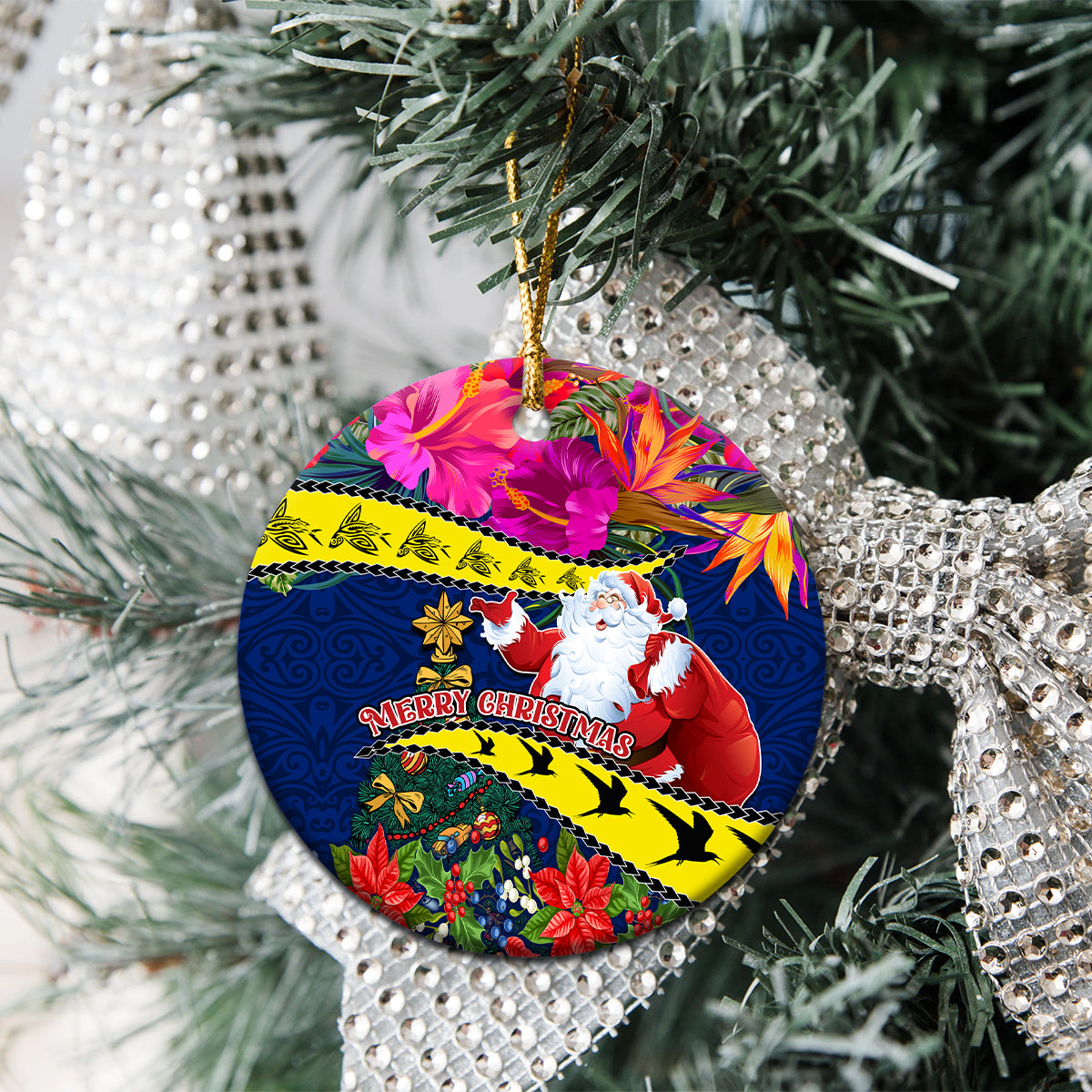 Personalised Cook Island Christmas Ceramic Ornament Santa Claus Mix Maroro and Kakaia Hibiscus Flower Maori Pattern LT03 - Polynesian Pride