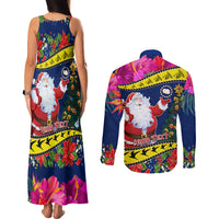 Personalised Cook Island Christmas Couples Matching Tank Maxi Dress and Long Sleeve Button Shirt Santa Claus Mix Maroro and Kakaia Hibiscus Flower Maori Pattern LT03 - Polynesian Pride