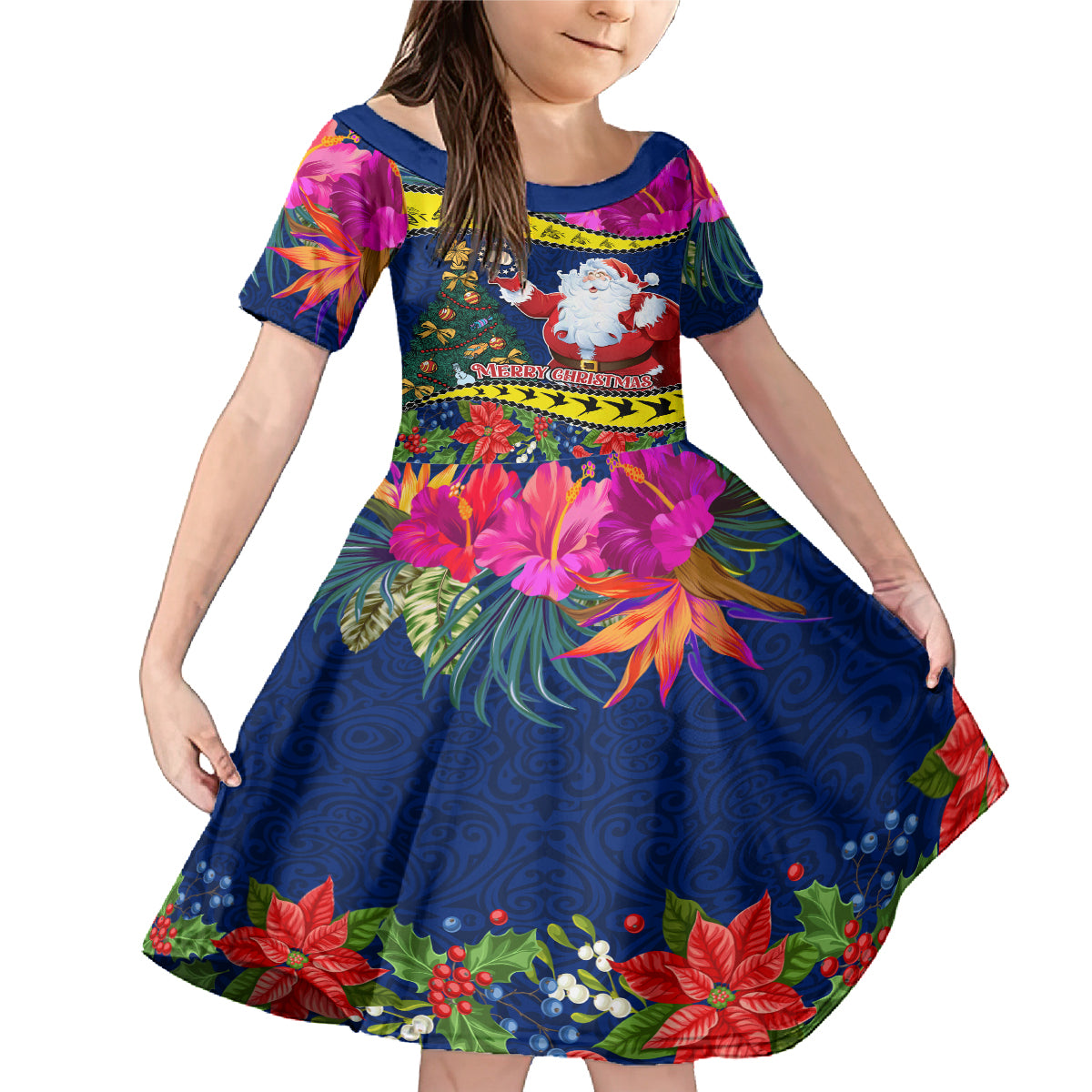 Personalised Cook Island Christmas Family Matching Mermaid Dress and Hawaiian Shirt Santa Claus Mix Maroro and Kakaia Hibiscus Flower Maori Pattern LT03 Daughter's Dress Blue - Polynesian Pride