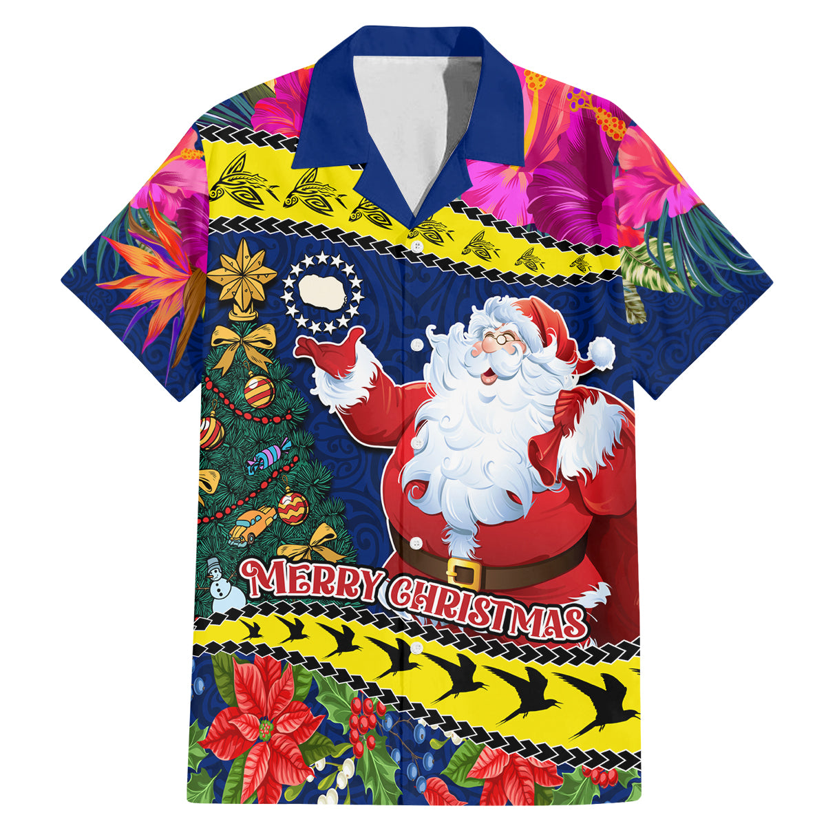 Personalised Cook Island Christmas Family Matching Mermaid Dress and Hawaiian Shirt Santa Claus Mix Maroro and Kakaia Hibiscus Flower Maori Pattern LT03 Dad's Shirt - Short Sleeve Blue - Polynesian Pride