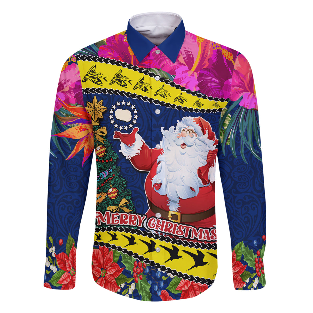 Personalised Cook Island Christmas Family Matching Off Shoulder Maxi Dress and Hawaiian Shirt Santa Claus Mix Maroro and Kakaia Hibiscus Flower Maori Pattern LT03 Dad's Shirt - Long Sleeve Blue - Polynesian Pride
