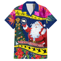 Personalised Cook Island Christmas Family Matching Off Shoulder Short Dress and Hawaiian Shirt Santa Claus Mix Maroro and Kakaia Hibiscus Flower Maori Pattern LT03 Dad's Shirt - Short Sleeve Blue - Polynesian Pride