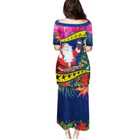 Personalised Cook Island Christmas Family Matching Puletasi Dress and Hawaiian Shirt Santa Claus Mix Maroro and Kakaia Hibiscus Flower Maori Pattern LT03 - Polynesian Pride