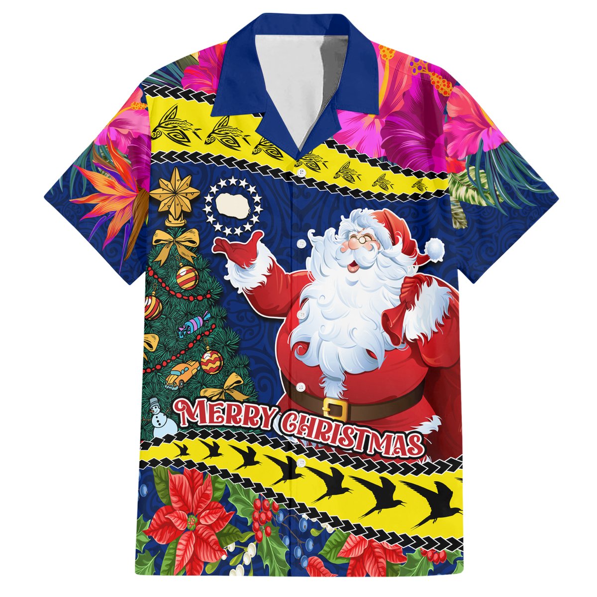 Personalised Cook Island Christmas Hawaiian Shirt Santa Claus Mix Maroro and Kakaia Hibiscus Flower Maori Pattern LT03 Blue - Polynesian Pride