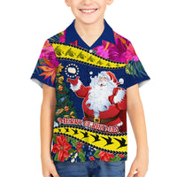 Personalised Cook Island Christmas Kid Hawaiian Shirt Santa Claus Mix Maroro and Kakaia Hibiscus Flower Maori Pattern LT03 Kid Blue - Polynesian Pride