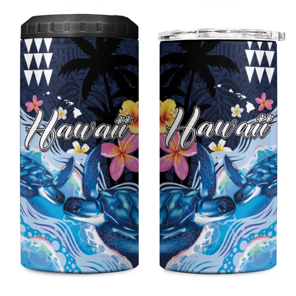 Hawaiian Honu Honi Ihu 4 in 1 Can Cooler Tumbler With Plumeria and Kakau Art Pattern LT03 One Size: 16 oz Dark Blue - Polynesian Pride