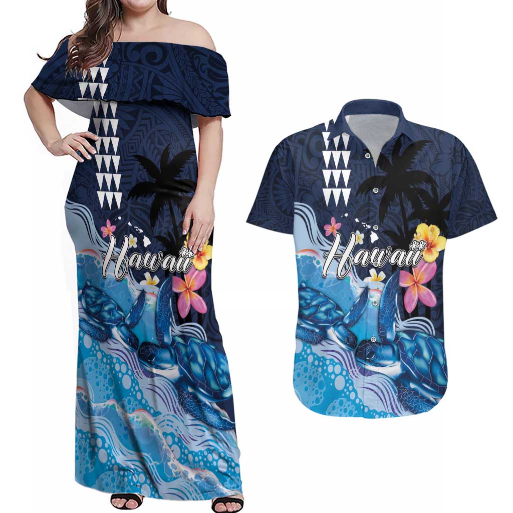 Hawaiian Honu Honi Ihu Couples Matching Off Shoulder Maxi Dress and Hawaiian Shirt With Plumeria and Kakau Art Pattern LT03 Dark Blue - Polynesian Pride