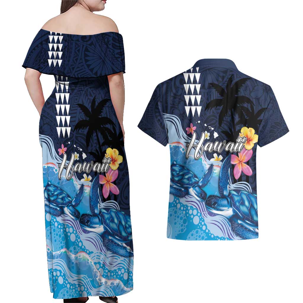Hawaiian Honu Honi Ihu Couples Matching Off Shoulder Maxi Dress and Hawaiian Shirt With Plumeria and Kakau Art Pattern LT03 - Polynesian Pride
