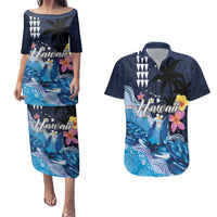 Hawaiian Honu Honi Ihu Couples Matching Puletasi and Hawaiian Shirt With Plumeria and Kakau Art Pattern LT03 Dark Blue - Polynesian Pride