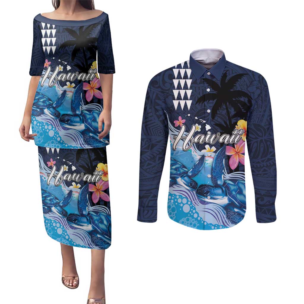 Hawaiian Honu Honi Ihu Couples Matching Puletasi and Long Sleeve Button Shirt With Plumeria and Kakau Art Pattern LT03 Dark Blue - Polynesian Pride