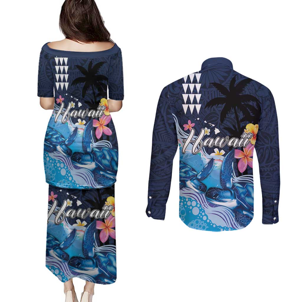 Hawaiian Honu Honi Ihu Couples Matching Puletasi and Long Sleeve Button Shirt With Plumeria and Kakau Art Pattern LT03 - Polynesian Pride