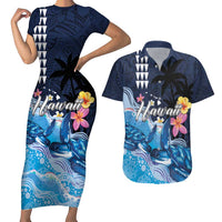 Hawaiian Honu Honi Ihu Couples Matching Short Sleeve Bodycon Dress and Hawaiian Shirt With Plumeria and Kakau Art Pattern LT03 Dark Blue - Polynesian Pride