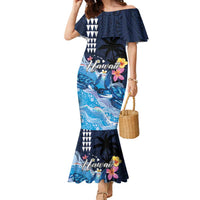 Hawaiian Honu Honi Ihu Family Matching Mermaid Dress and Hawaiian Shirt With Plumeria and Kakau Art Pattern LT03 Mom's Dress Dark Blue - Polynesian Pride