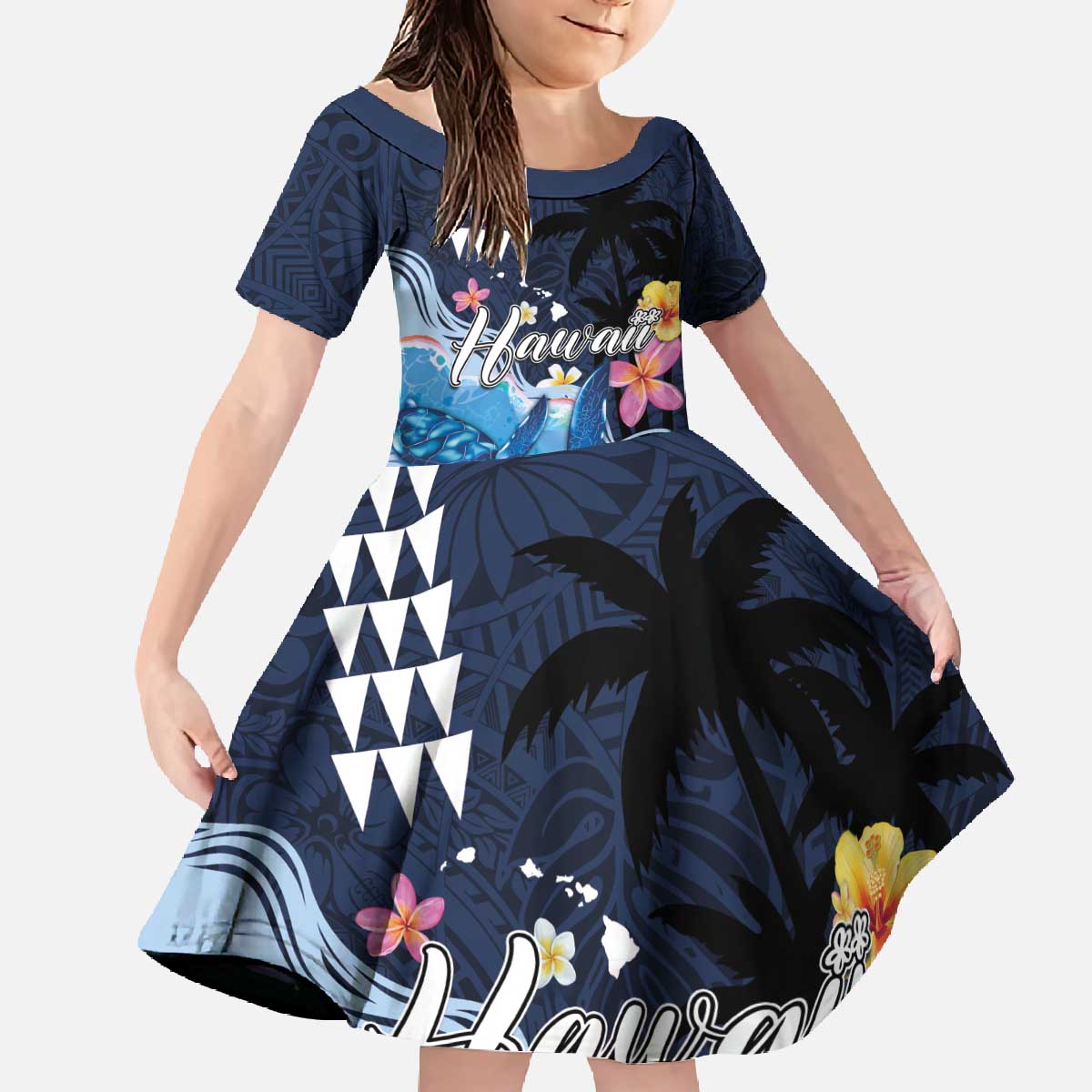 Hawaiian Honu Honi Ihu Family Matching Off The Shoulder Long Sleeve Dress and Hawaiian Shirt With Plumeria and Kakau Art Pattern LT03 Daughter's Dress Dark Blue - Polynesian Pride