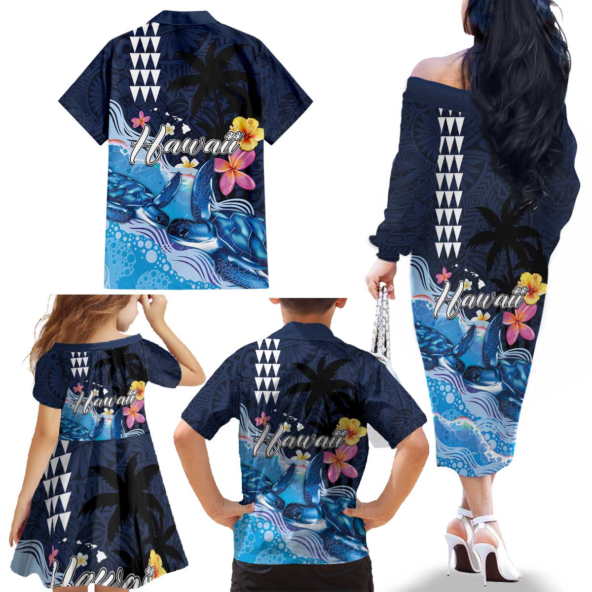 Hawaiian Honu Honi Ihu Family Matching Off The Shoulder Long Sleeve Dress and Hawaiian Shirt With Plumeria and Kakau Art Pattern LT03 - Polynesian Pride