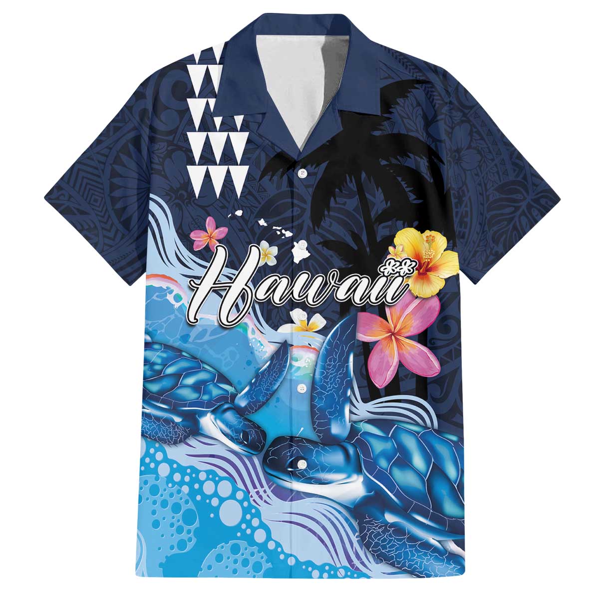 Hawaiian Honu Honi Ihu Family Matching Off The Shoulder Long Sleeve Dress and Hawaiian Shirt With Plumeria and Kakau Art Pattern LT03 Dad's Shirt - Short Sleeve Dark Blue - Polynesian Pride