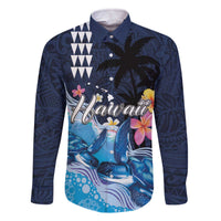 Hawaiian Honu Honi Ihu Family Matching Off The Shoulder Long Sleeve Dress and Hawaiian Shirt With Plumeria and Kakau Art Pattern LT03 Dad's Shirt - Long Sleeve Dark Blue - Polynesian Pride