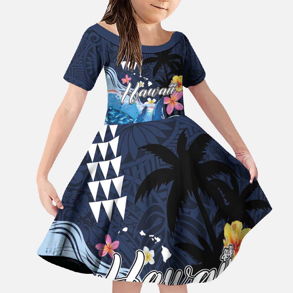 Hawaiian Honu Honi Ihu Family Matching Off Shoulder Maxi Dress and Hawaiian Shirt With Plumeria and Kakau Art Pattern LT03 Daughter's Dress Dark Blue - Polynesian Pride
