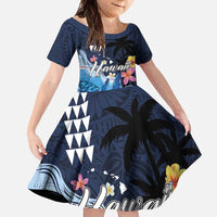 Hawaiian Honu Honi Ihu Family Matching Off Shoulder Maxi Dress and Hawaiian Shirt With Plumeria and Kakau Art Pattern LT03 Daughter's Dress Dark Blue - Polynesian Pride