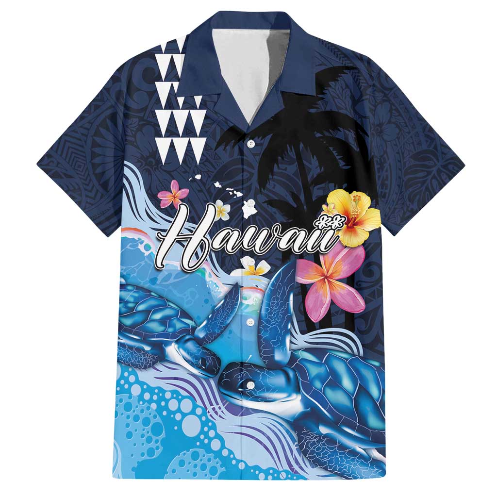 Hawaiian Honu Honi Ihu Family Matching Off Shoulder Maxi Dress and Hawaiian Shirt With Plumeria and Kakau Art Pattern LT03 Dad's Shirt - Short Sleeve Dark Blue - Polynesian Pride