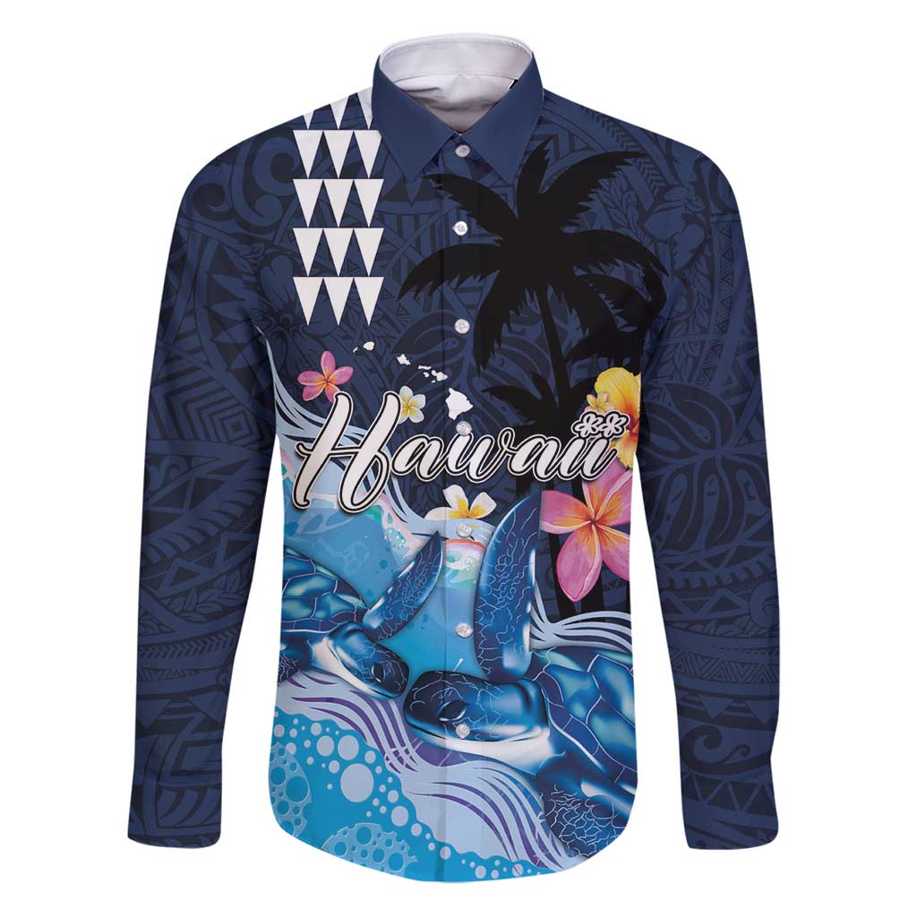 Hawaiian Honu Honi Ihu Family Matching Puletasi and Hawaiian Shirt With Plumeria and Kakau Art Pattern LT03 Dad's Shirt - Long Sleeve Dark Blue - Polynesian Pride