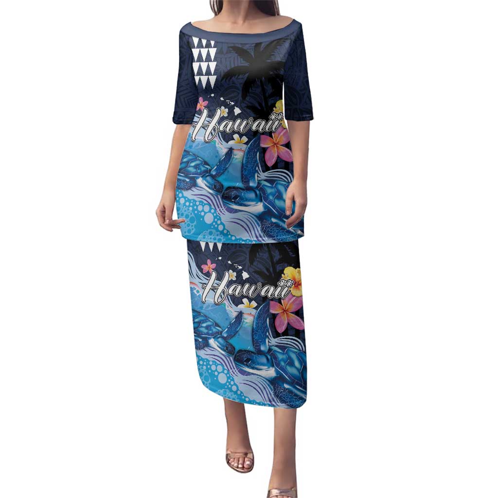 Hawaiian Honu Honi Ihu Family Matching Puletasi and Hawaiian Shirt With Plumeria and Kakau Art Pattern LT03 Mom's Dress Dark Blue - Polynesian Pride