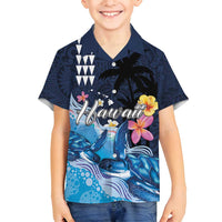 Hawaiian Honu Honi Ihu Family Matching Puletasi and Hawaiian Shirt With Plumeria and Kakau Art Pattern LT03 Son's Shirt Dark Blue - Polynesian Pride