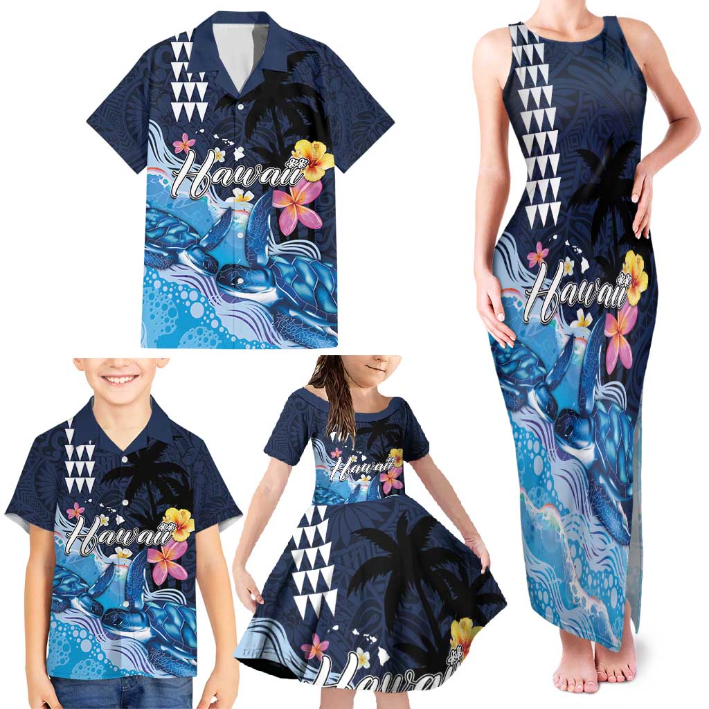 Hawaiian Honu Honi Ihu Family Matching Tank Maxi Dress and Hawaiian Shirt With Plumeria and Kakau Art Pattern