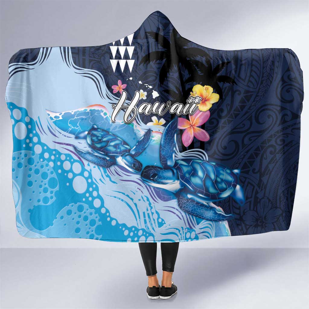 Hawaiian Honu Honi Ihu Hooded Blanket With Plumeria and Kakau Art Pattern LT03 One Size Dark Blue - Polynesian Pride