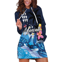 Hawaiian Honu Honi Ihu Hoodie Dress With Plumeria and Kakau Art Pattern LT03 Dark Blue - Polynesian Pride