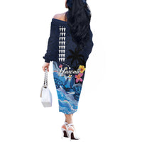Hawaiian Honu Honi Ihu Off The Shoulder Long Sleeve Dress With Plumeria and Kakau Art Pattern LT03 - Polynesian Pride