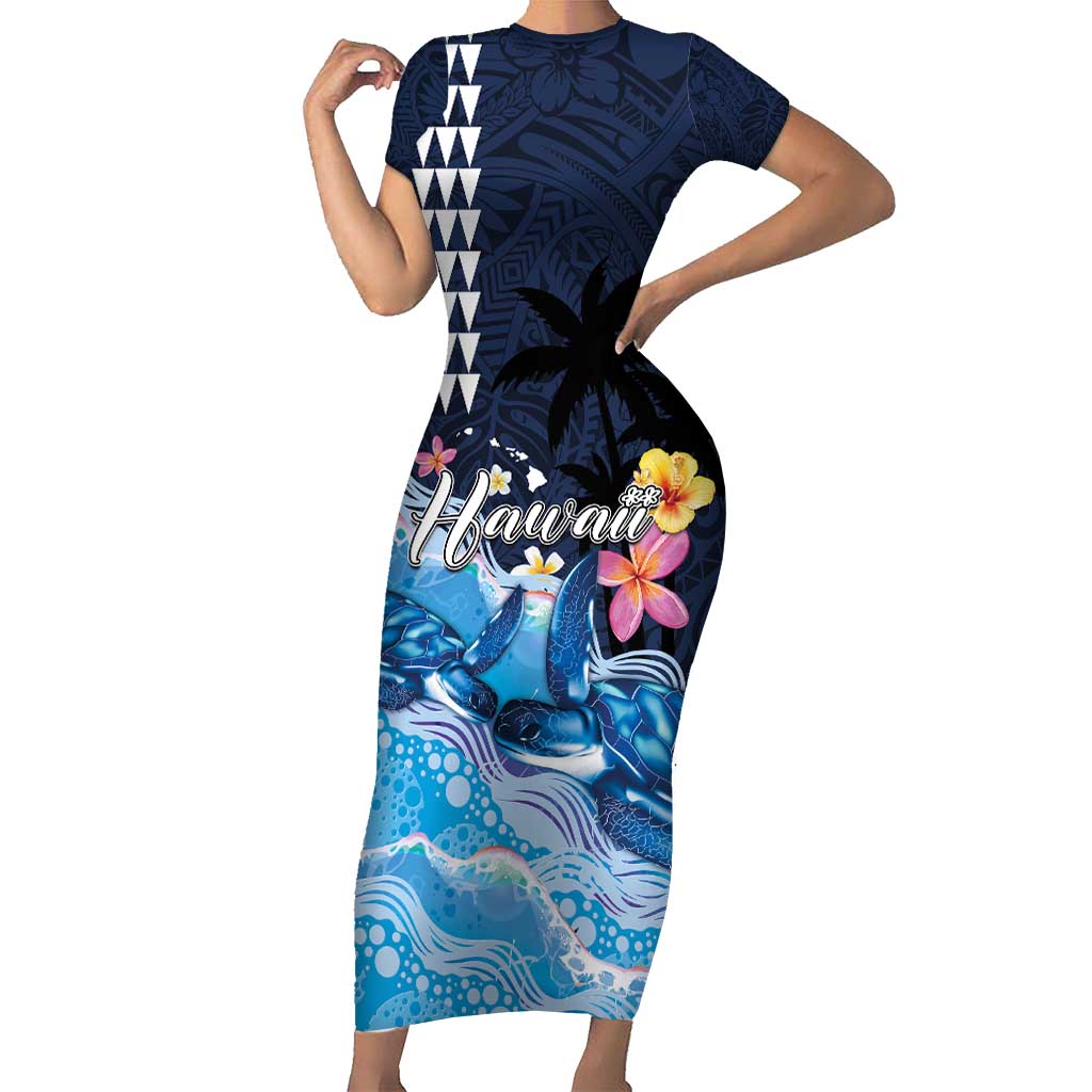 Hawaiian Honu Honi Ihu Short Sleeve Bodycon Dress With Plumeria and Kakau Art Pattern LT03 Long Dress Dark Blue - Polynesian Pride