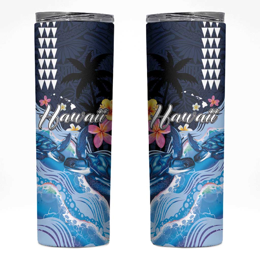 Hawaiian Honu Honi Ihu Skinny Tumbler With Plumeria and Kakau Art Pattern LT03 Dark Blue - Polynesian Pride