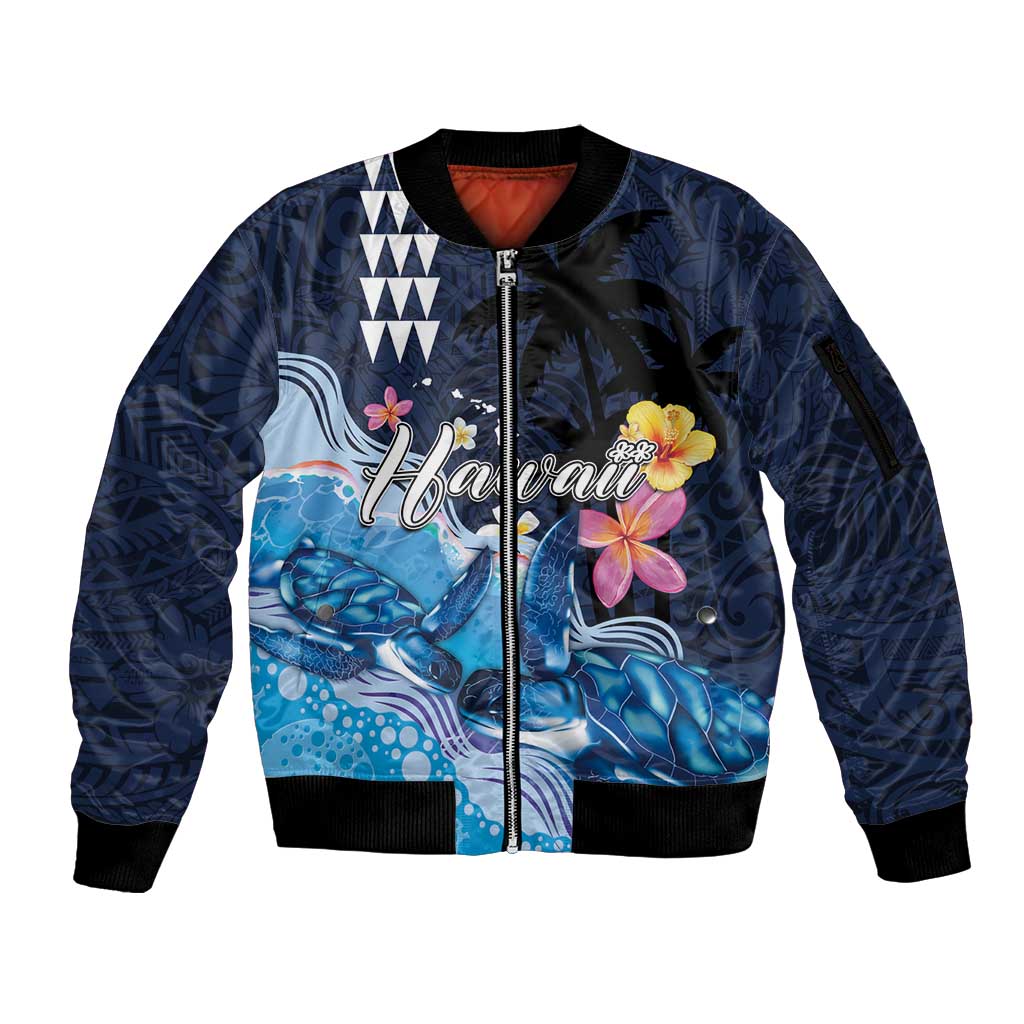 Hawaiian Honu Honi Ihu Sleeve Zip Bomber Jacket With Plumeria and Kakau Art Pattern LT03 Unisex Dark Blue - Polynesian Pride