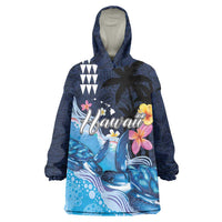 Hawaiian Honu Honi Ihu Wearable Blanket Hoodie With Plumeria and Kakau Art Pattern LT03 One Size Dark Blue - Polynesian Pride