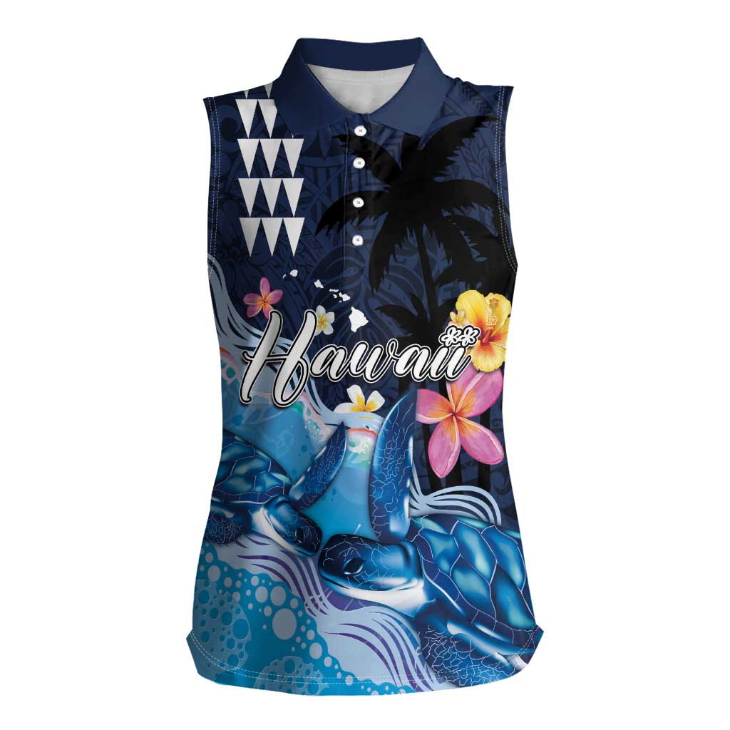 Hawaiian Honu Honi Ihu Women Sleeveless Polo Shirt With Plumeria and Kakau Art Pattern LT03 Female Dark Blue - Polynesian Pride