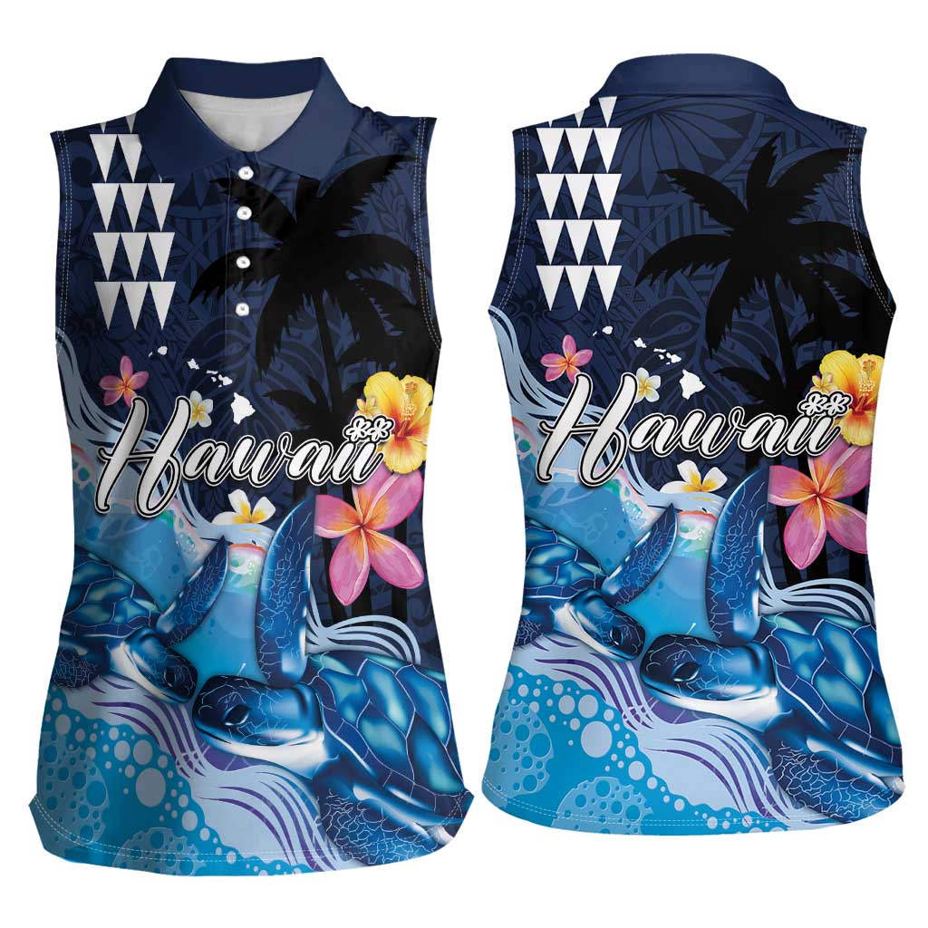 Hawaiian Honu Honi Ihu Women Sleeveless Polo Shirt With Plumeria and Kakau Art Pattern LT03 - Polynesian Pride