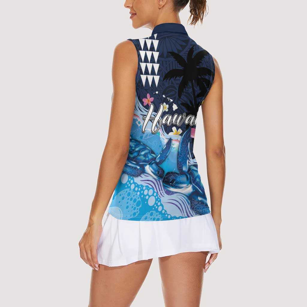 Hawaiian Honu Honi Ihu Women Sleeveless Polo Shirt With Plumeria and Kakau Art Pattern LT03 - Polynesian Pride