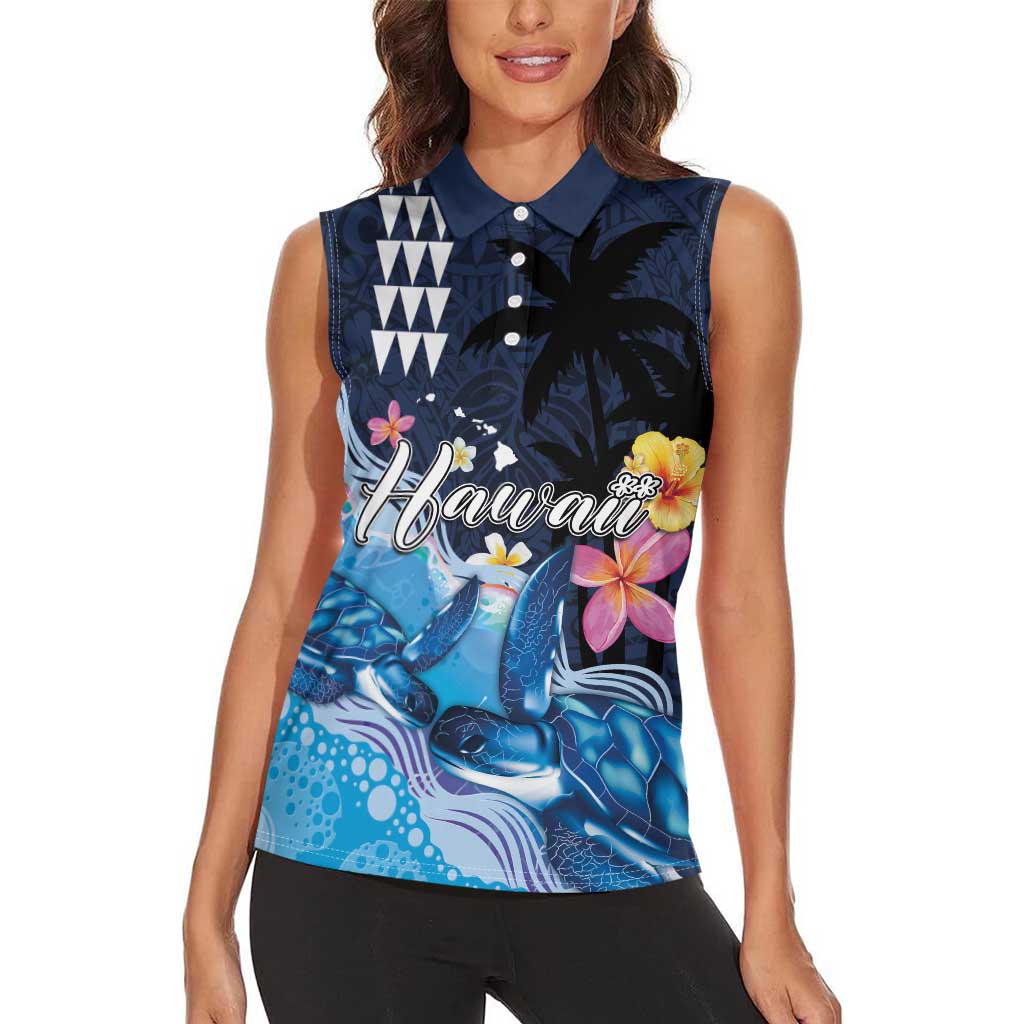 Hawaiian Honu Honi Ihu Women Sleeveless Polo Shirt With Plumeria and Kakau Art Pattern LT03 - Polynesian Pride